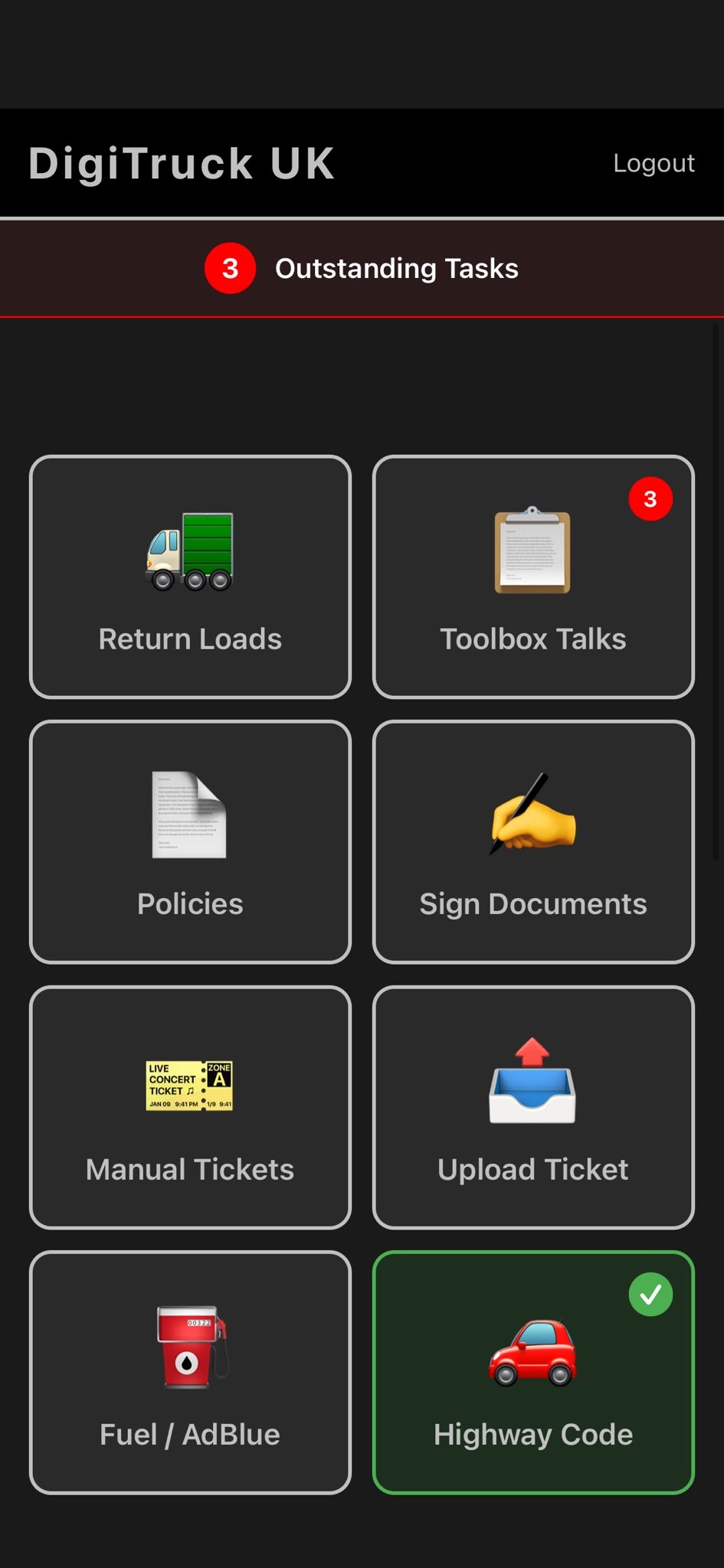 DigiTruck UK app — daily task menu